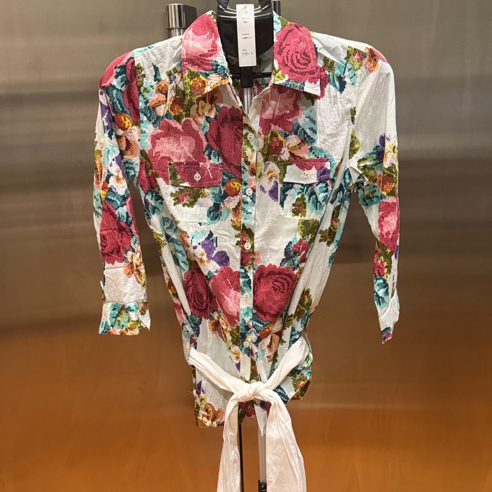 Chaudry Floral Women's Blouse with Scarf Accent